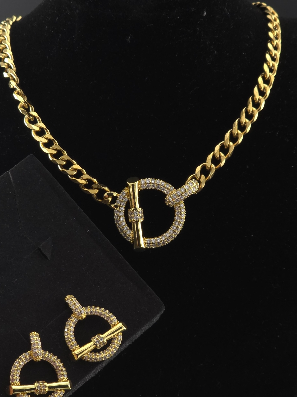 Gold-tone Pavé Toggle Long Necklace and Earring Set